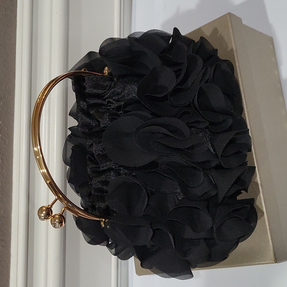 SOLD Black Ruffled Handbag with gold handles and chain - Picture 2 of 9